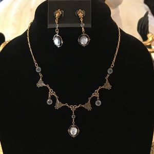 Vintage Jewelry brass & aqua blue pendant set